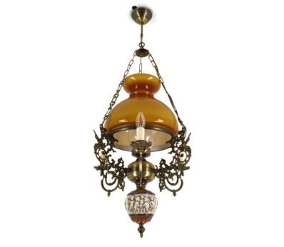 Vintage Chandelier Porcelain Capodimonte style Lampe Belge Glass Shade 4 lights