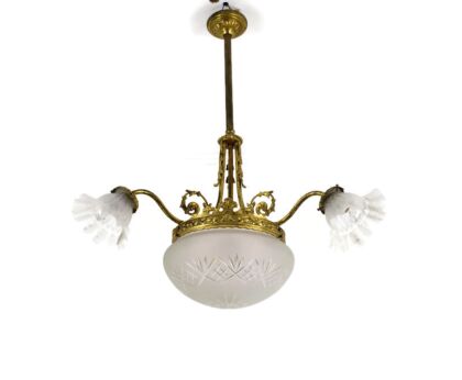 Chandelier  Art Deco 4 Lights 3 arm Brass Etched Glass Shades Gorgeous Light Pendant