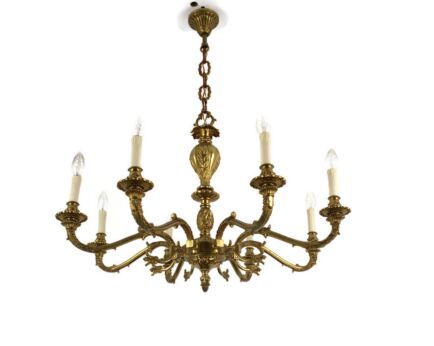 French Vintage Chandelier Bronze Dore Ornate 8 lights Arms Pine Apples Hollywood regency