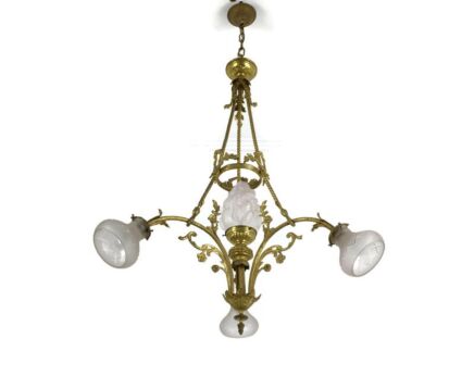 Stunning Art Deco Art Nouveau Chandelier Antique Etched glass Bronze Doré 4 lights