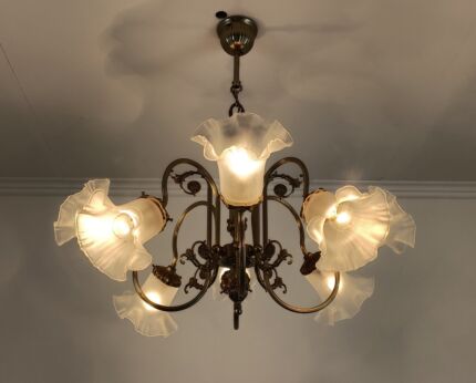 Vintage Chandelier Tinned brass Ornate Glass Chalice Shades 8 lights 8 arms 