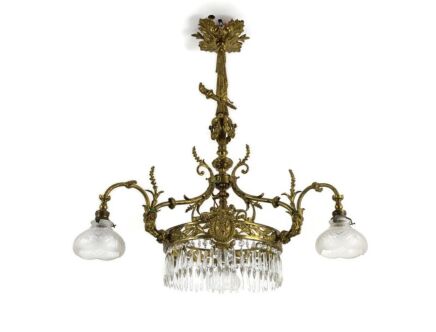 French bronze Doré gas Chandelier 4 lights Crystal glass beads Prisms Rams heads WOW