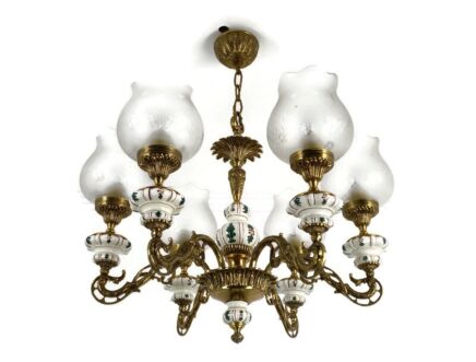 Vintage Chandelier brass Porcelain Glass Shades 6 lights Fixture Light 