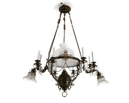 lampe Belge Antique Chandelier Opaline glass Shade ornate Brass 4 Lights 9 candles 