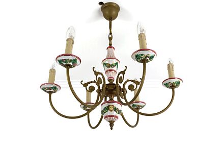 Vintage Chandelier Polycrome Stoneware Ceramic Ornate Brass 6 lights 