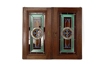 Pair Two Antique Leaded Glass hand Carved Wooden Door Panels Reclaimed Architectural WOW