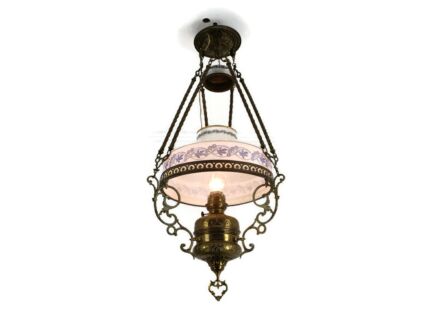 lampe Belge Antique Chandelier Opaline glass Shade ornate Brass  1 Light Art Deco 