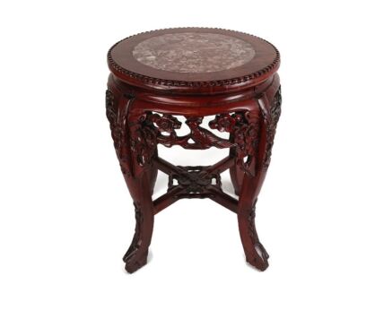 Carved Wood Marble Top Rosewood Plant Stand Round Side Table Chinese Vintage Ornate Birds Flowers