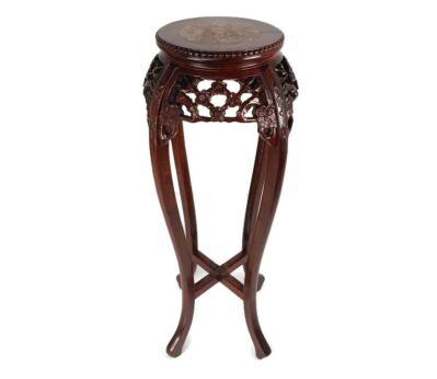 Large Carved Wood Marble Top Rosewood Plant Stand Round Side Table Chinese Vintage Ornate  