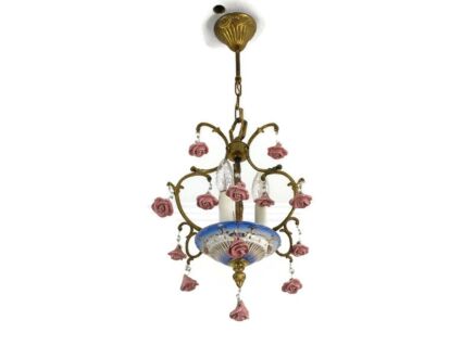 Italian Vintage Chandelier Porcelain flower Decor Lovely 3 lights Small Pink Porcelain flowers