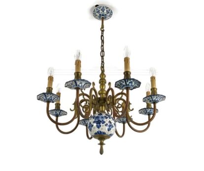Antique Chandelier Delft De Pauw Marked 8 lights Hand Painted Bronze Porcelain WOW