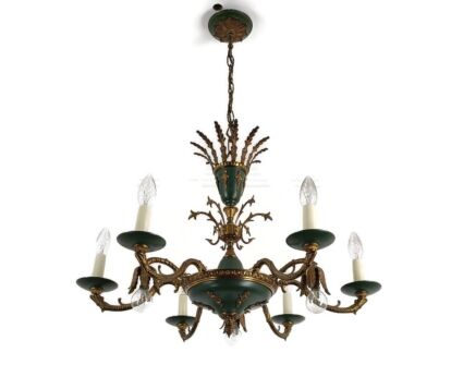 French Empire Pan Chandelier Green Wood Tole Brass  arms 9 lights Hollywood Regency