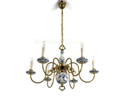 Dutch Delft Blue White Porcelain Ornate Brass Chandelier 6 Lights 6 Arm Farmhouse