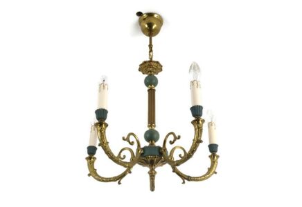 French Empire Pan Chandelier Brass Green 5 arms Lights Hollywood regency HTF