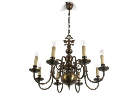 Flemish Dutch Style Chandelier 8 Arm Lights Brass Barn Country Style Eagles Vintage