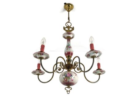 Chandelier 5 Arm Lights Brass Porcelain Flowers Italian Italy Fixture Lamp Vintage Romantic
