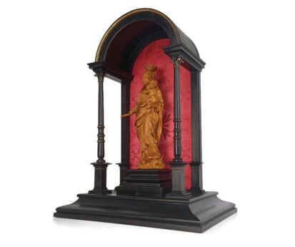 Black Lackered Antique Chapel Niche with Pillars Madonna Virgin mary Statue walnut Wood 