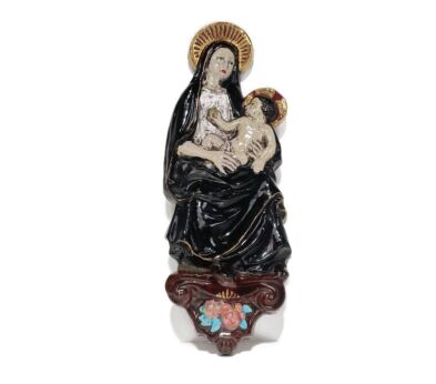 Vintage Perignem marked Ceramic Wall hanging Madonna Virgin mary Polychrome