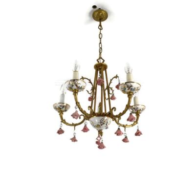 Romantic Italian Chandelier Porcelain Pink Flowers Prisms Ornate Brass 5 arm vintage  