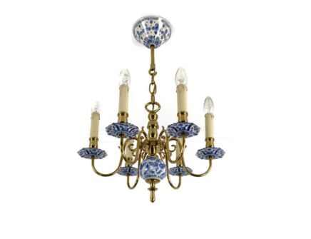 Chandelier 6 lights fixture Delft Blue White Marked Bronze Porcelain Vintage Farmhouse