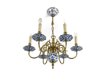 Chandelier 6 lights fixture Delft Blue White Marked Bronze Porcelain Vintage Farmhouse style