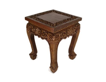 Hand Carved Wooden  Asian Side Occasional Table Pedestal Bonsai Stand Ornate Flowers lion feet 