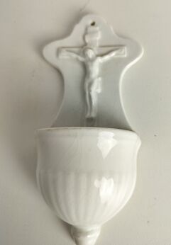 Antique Small Bisque Porcelain Holy Water Font Vessel Crucifixion Marked 