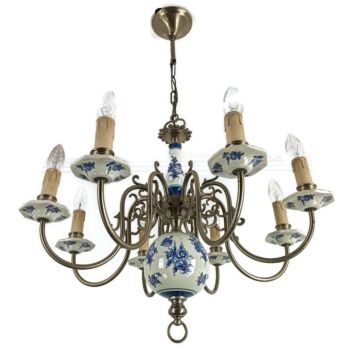 Delft Style Chandelier Blue White 8 arm 8 lights modernist vintage barn Farmhouse 