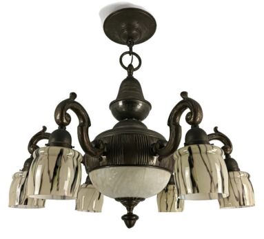 Stunning Huge  Art Deco Chandelier Fixture Bronze Art Glass Alabaster 8 lights 