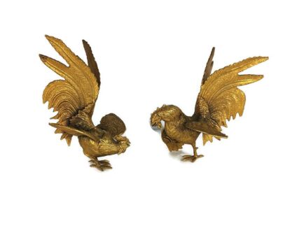 Couple Pair Fighting Rooster Cocks  Mid Century Modern Table Pieces Gilded Metal 