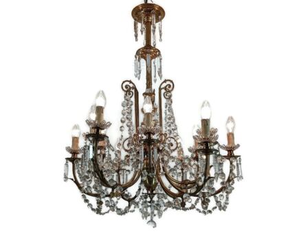 French Antique Chandelier bronze Dore with Prisms and bobeches from Portieux 19th century wow