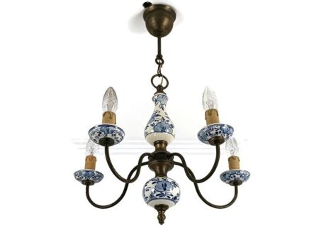 Small Delft Blue White Chandelier Hand painted 5 lights vintage Netherlands farmhouse style