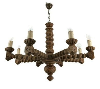 Large Hand Carved Twisted Wood Wooden Barley Twist Chandelier 8 lights arm farmhouse 