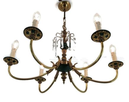 French Empire Pan Chandelier with Prisms 6 lights Hollywood regency style vintage 