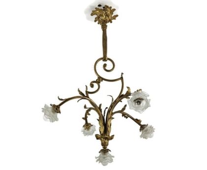 Bronze Chandelier France Rococo Hollywood Regency style Gilded Tulip shades 5 lights vintage