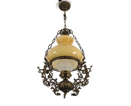 Lampe Belge Yellow Amber Glass Shade Brass Knights Dragon Slayers Dragons antique 