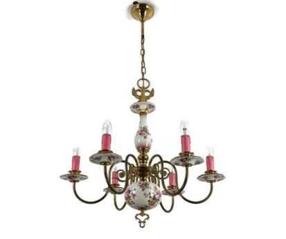 Vintage Romantic Chandelier Pink flower pattern Porcelain  Italy 6 lights Barn style