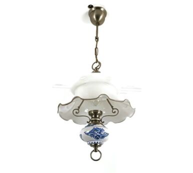 Delft Chandelier Pendant Blue white porcelain with glass shade vintage French farmhouse style