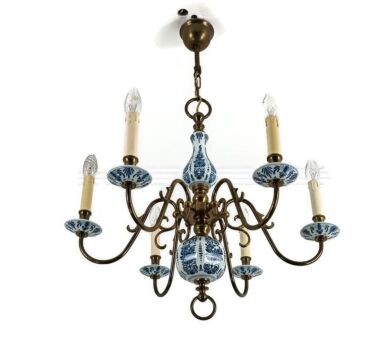 Delft Chandelier hand painted blue white porcelain 6 arms lights French Farmhouse style