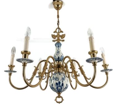 Delft Vintage Chandelier Blue white porcelain brass Eagles fish 6 arm lights Farmhouse style