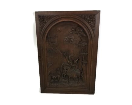 Antique hand Carved Wood Door Panel Reclaimed Architectural Medieval Hunting  Scene Gorgeous Large