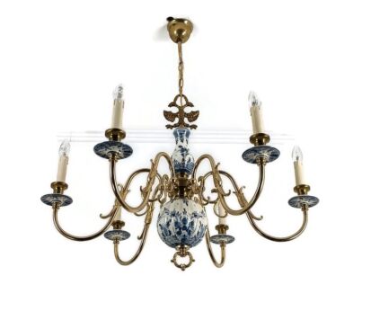 6 arm lights Delft Blue White chandelier eagles fish hand painted brass ornate farmhouse lovely