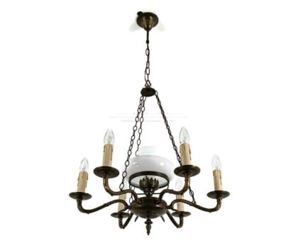 Ornate brass chandelier with white glass Shade Lampe Belge vintage Empire style 7 lights