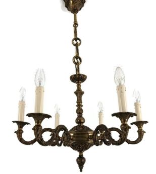 Brass Chandelier French Style ornate vintage 6 lights arm  fixture 