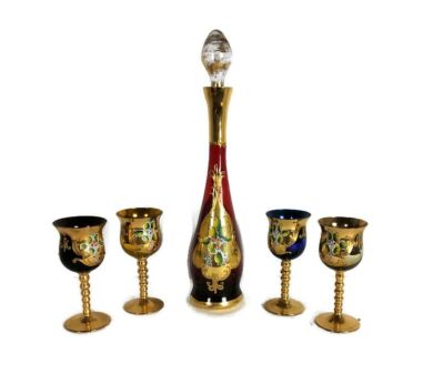 Liquor set Bottle 4 glasses Vintage Venetian glass Tre Fuochi Ruby red Italian Italy 