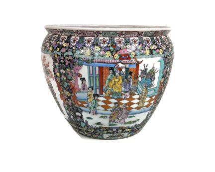 Huge Vintage Chinese Porcelain Enamel Famille Rose Koi Fish Bowl Planter Vase  Cachepot Flowers 