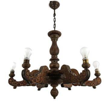 Carved Wood Wooden Chandelier Fixture Ornate 6 lights arm vintage, Country style 