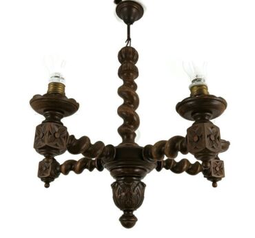barley twist Wooden Wood Chandelier ornate 5 lights small vintage barn style 