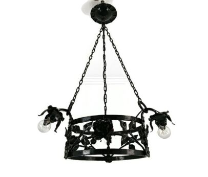 Wrought Cast Black Iron Chandelier Black roses 3 lights antique van Boeckel style small 