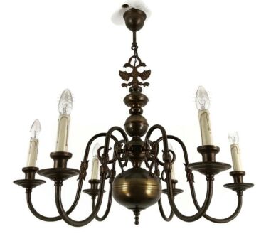 Flemish Dutch Chandelier Eagles Fish brass vintage fixture 6 lights Barn farmhouse style 